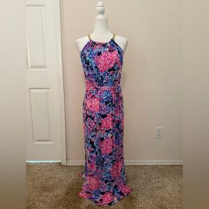 Lilly Pulitzer Bingham Halter Midi Dress Sz M Turtle Amazement Gold Chain Summer